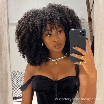 Machine Made 180 Density Human Hair Afro Kinky Curly Wig With Bangs Brazilian Remy Glueless Human Hair Wigs For Black Women